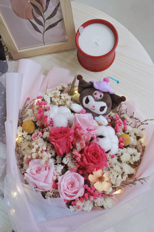 保鮮乾花系列-Kuromi粉紅玫瑰手抱50cm大花束