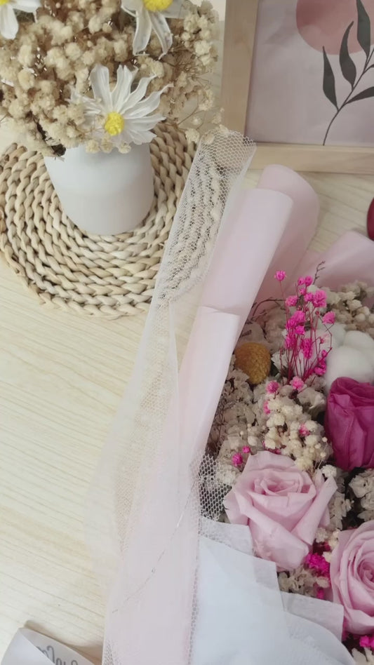 保鮮乾花系列－星之卡比粉紅玫瑰手抱50cm大花束