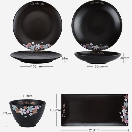 【正貨保證】HelloKitty黑色櫻花陶瓷碗碟套裝