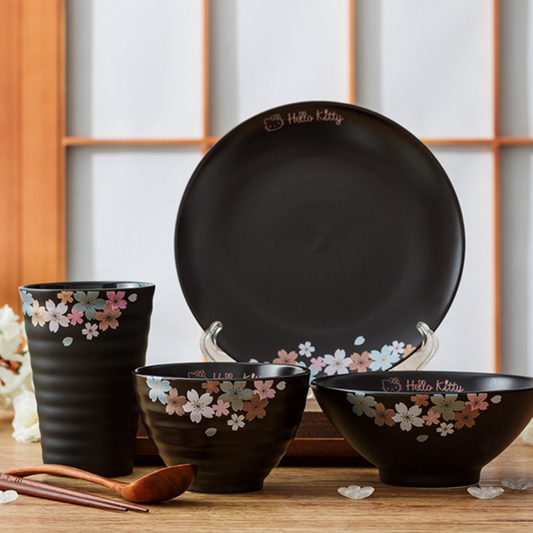 【正貨保證】HelloKitty黑色櫻花陶瓷碗碟套裝