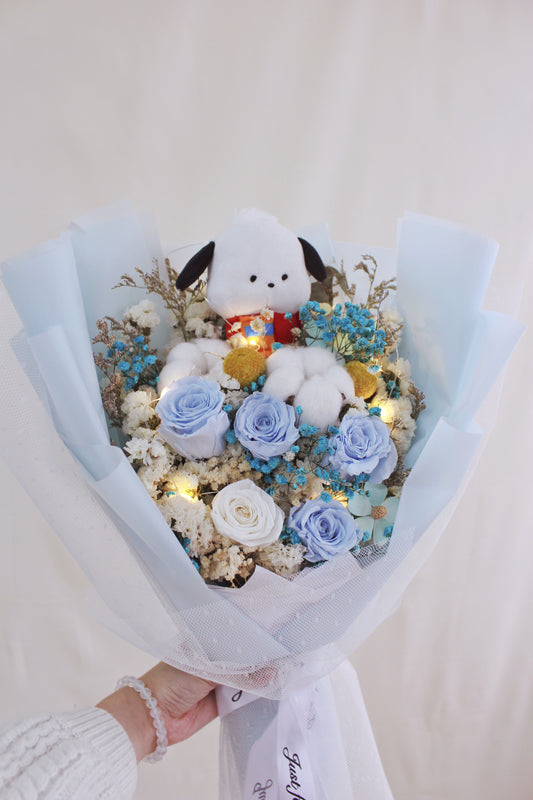 保鮮乾花系列－PC狗淺藍玫瑰手抱50cm高大花束