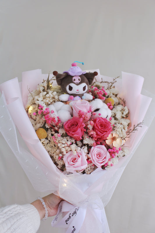 保鮮乾花系列－Kuromi粉紅玫瑰手抱50cm大花束