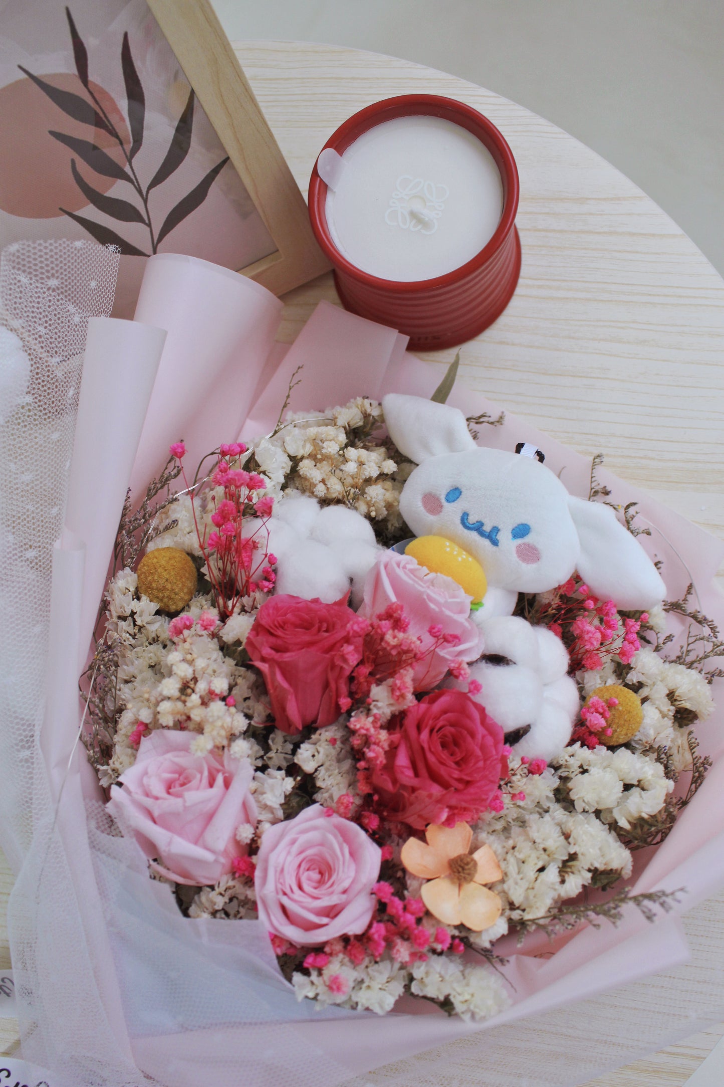 保鮮乾花系列－玉桂狗粉紅玫瑰手抱50cm大花束