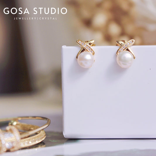 GE008 S925純銀 珍珠交叉耳環