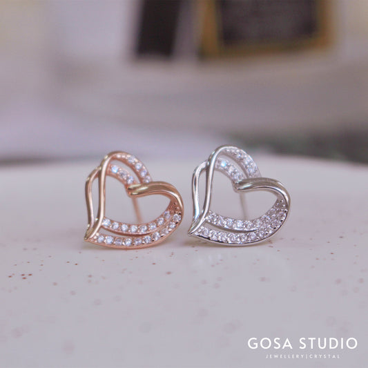 GE013 925純銀18K金 雙心耳環